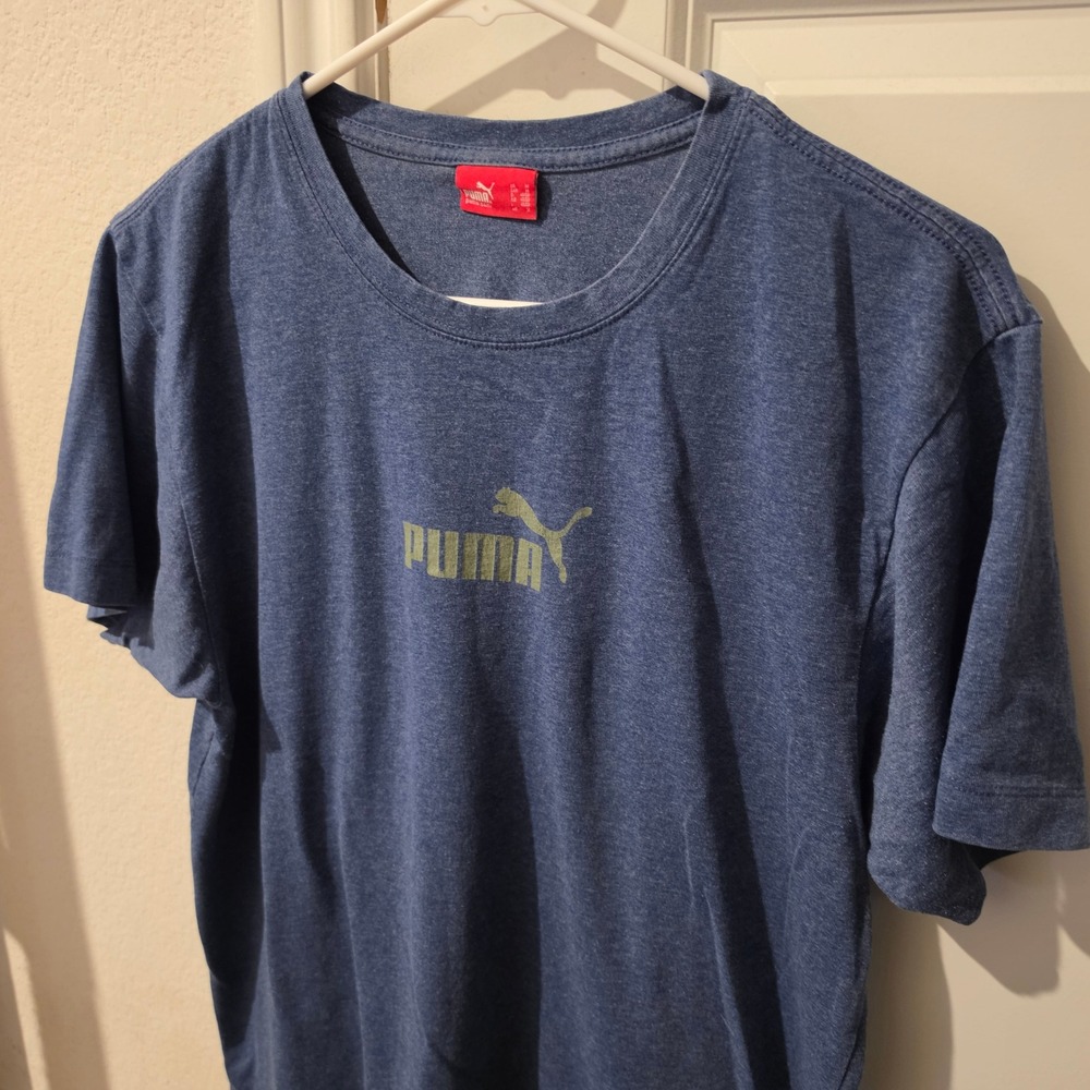 Puma Mens Blue Heather Graphic Logo Short Sleeve Crew Neck T-Shirt Size Medium